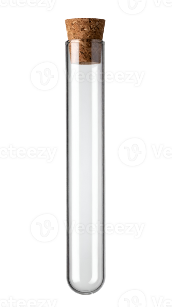 transparent glass test tube with cork stopper used for science experiment and laboratory analysis on isolated background png