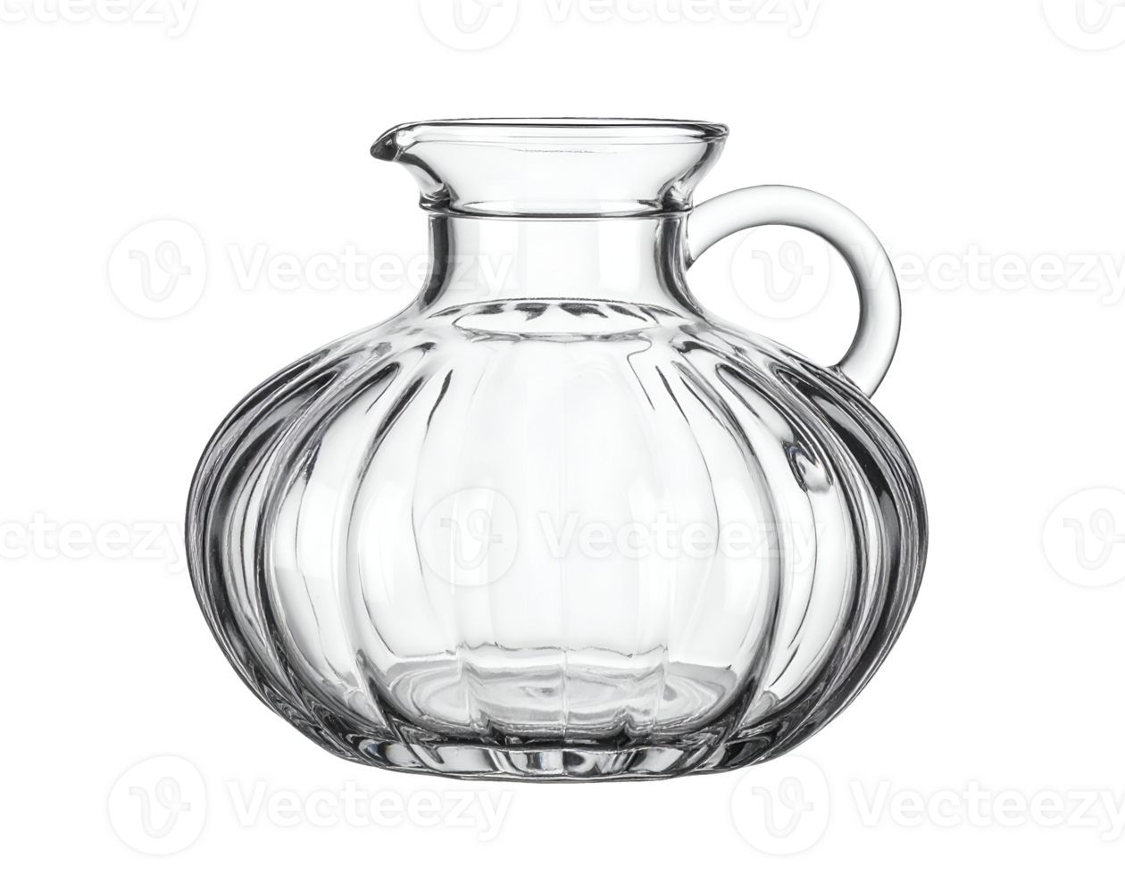 clear glass decanter with fluted round body and short spout, elegant vintage pitcher with circular handle, transparent container on isolated background png