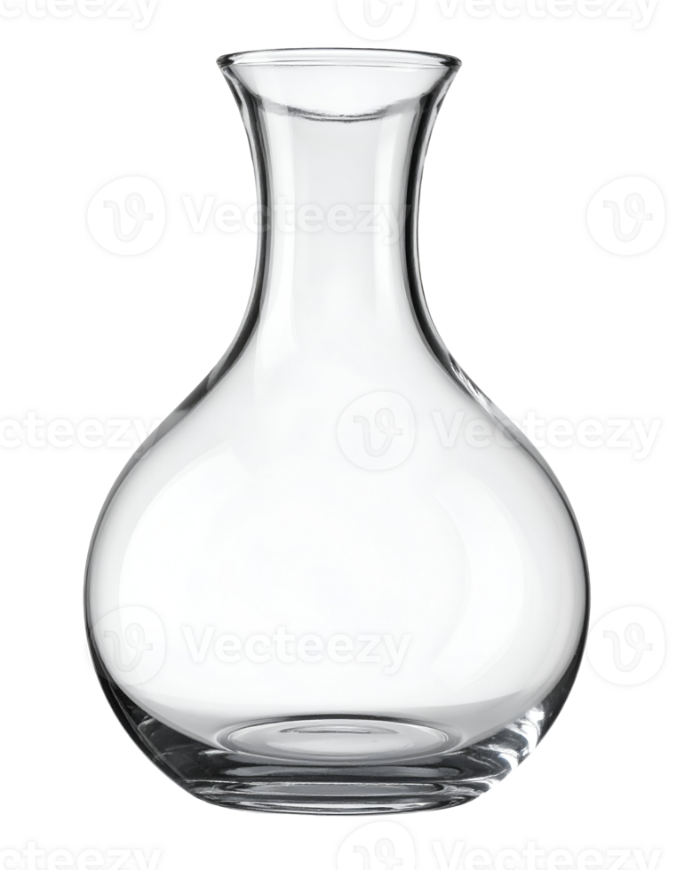elegant curved glass decanter with clear transparent surface and wide round base on isolated background png