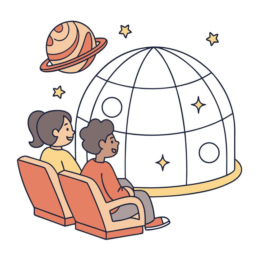 Illustration of people watching celestial objects in a planetarium with stars vector