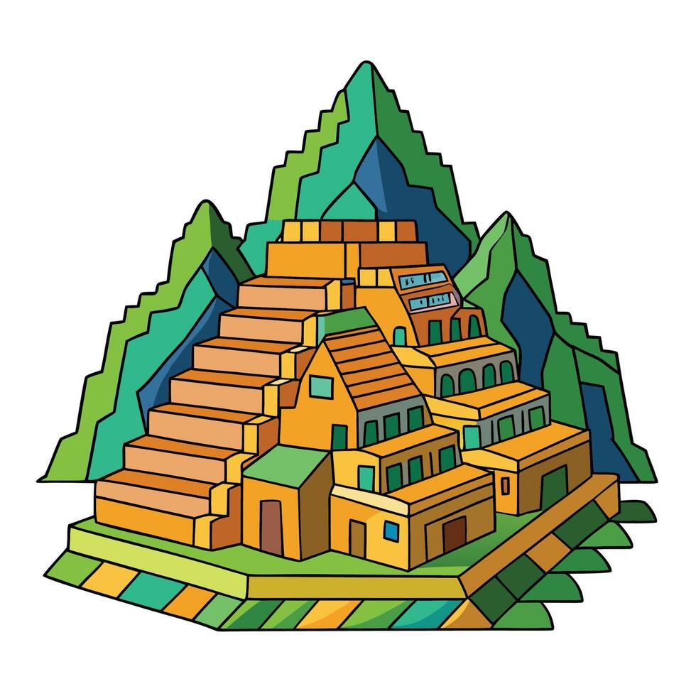 Illustration of a stylized Inca city set amidst striking mountain peaks vector