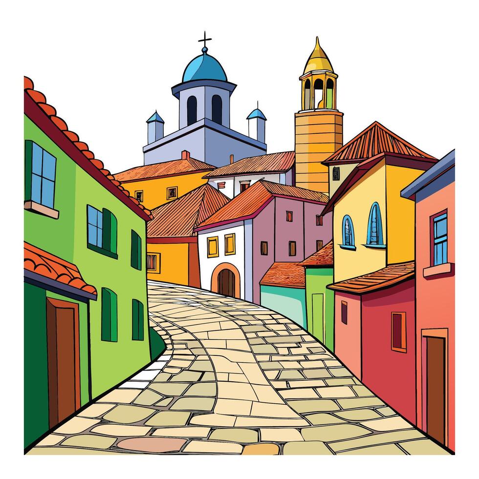 Colorful cartoon illustration of a European town street with church and buildings vector