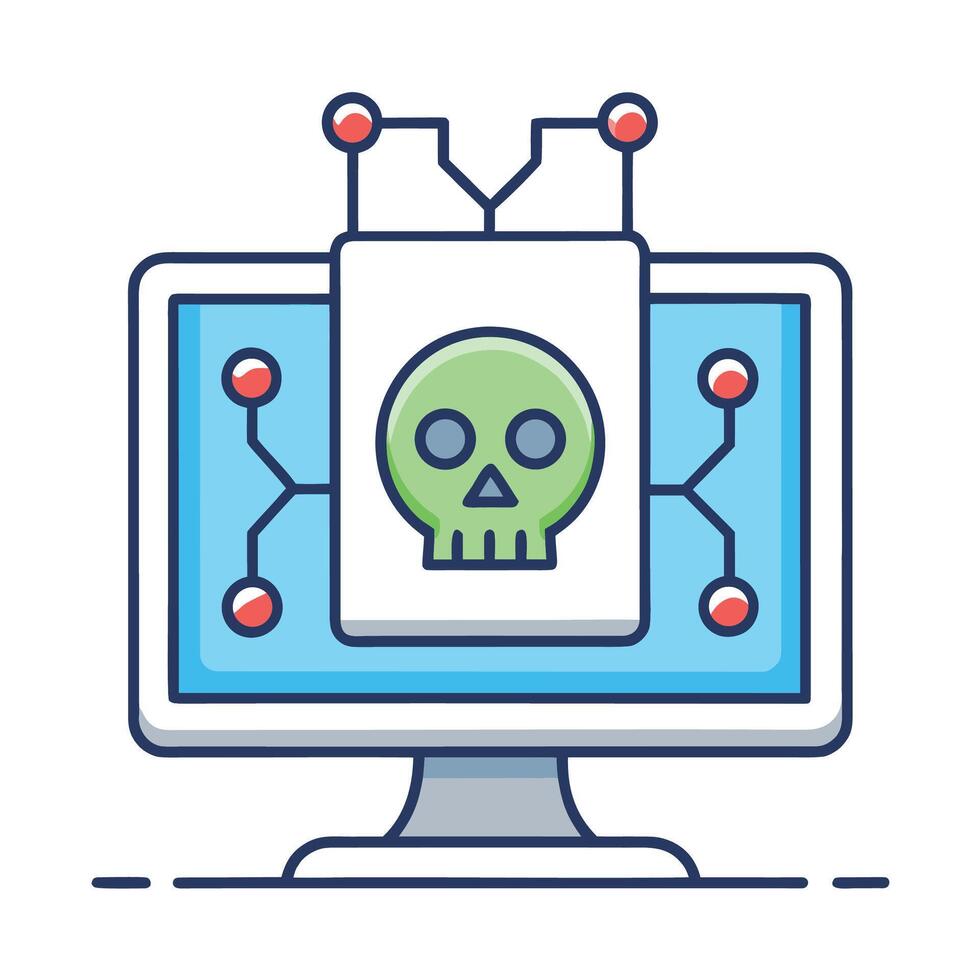 Computer screen with green skull depicting malware attack and system vulnerability vector