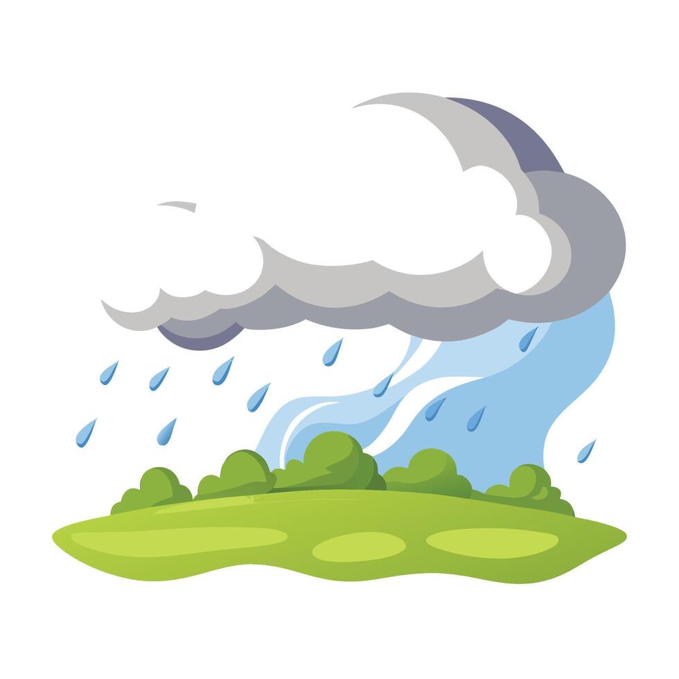 Cartoon illustration of a rainy day over a grassy field with shrubs vector