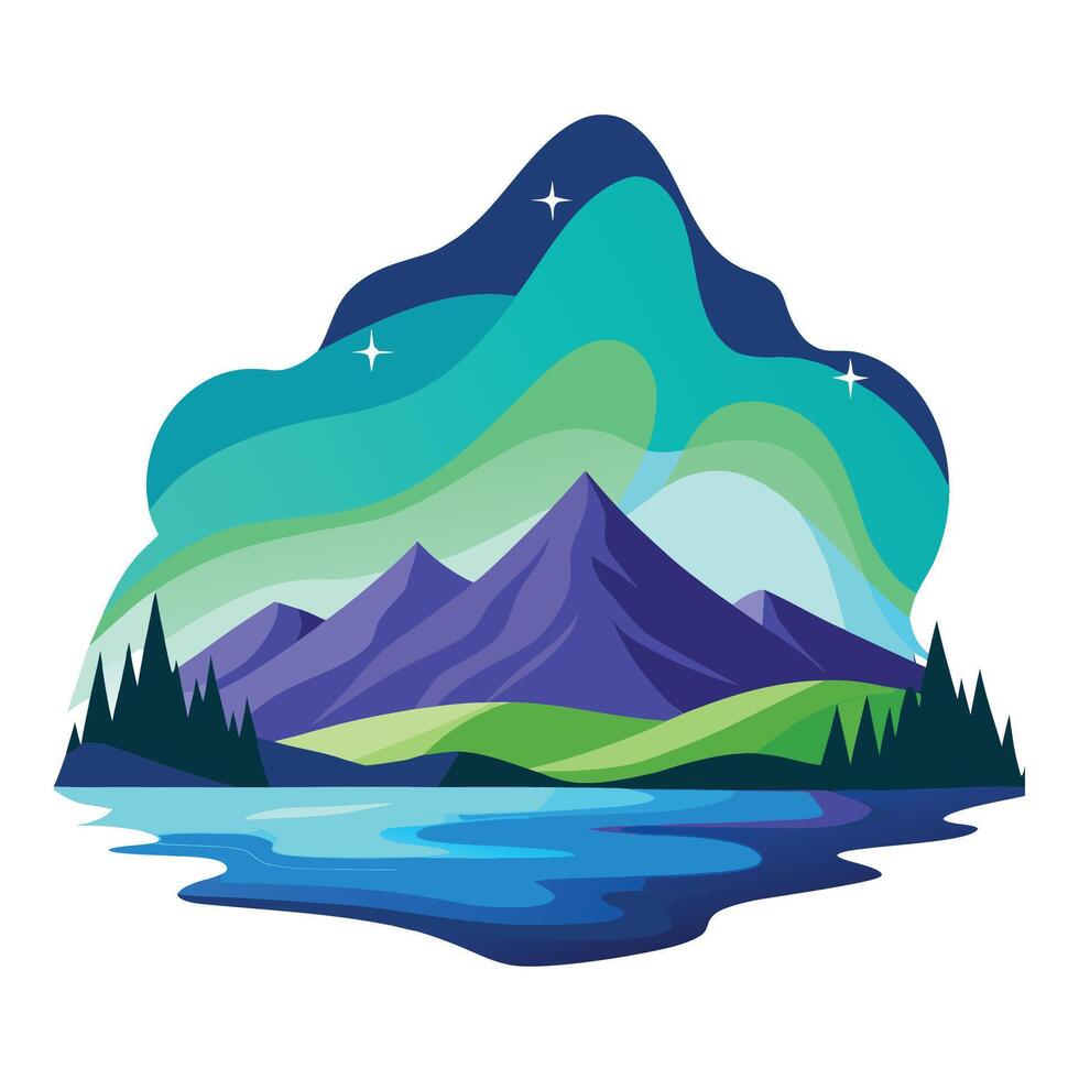 Flat landscape featuring mountains lake forest and aurora borealis sky vector