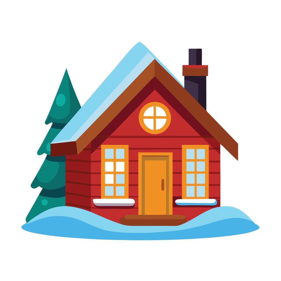 Cozy red cabin in the snow next to a pine tree in winter vector
