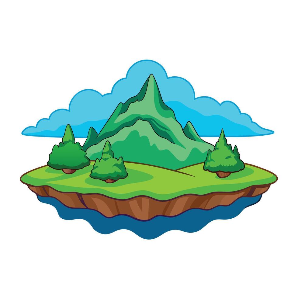 Cartoon floating island with mountains, trees, and sky for game design vector