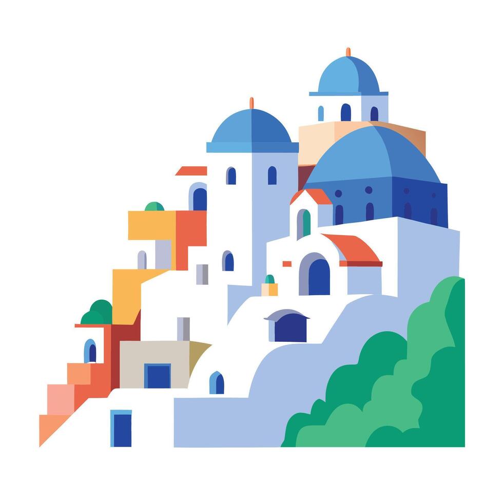 Stylized Illustration of a Traditional Greek Village with White Buildings and Blue Domes vector