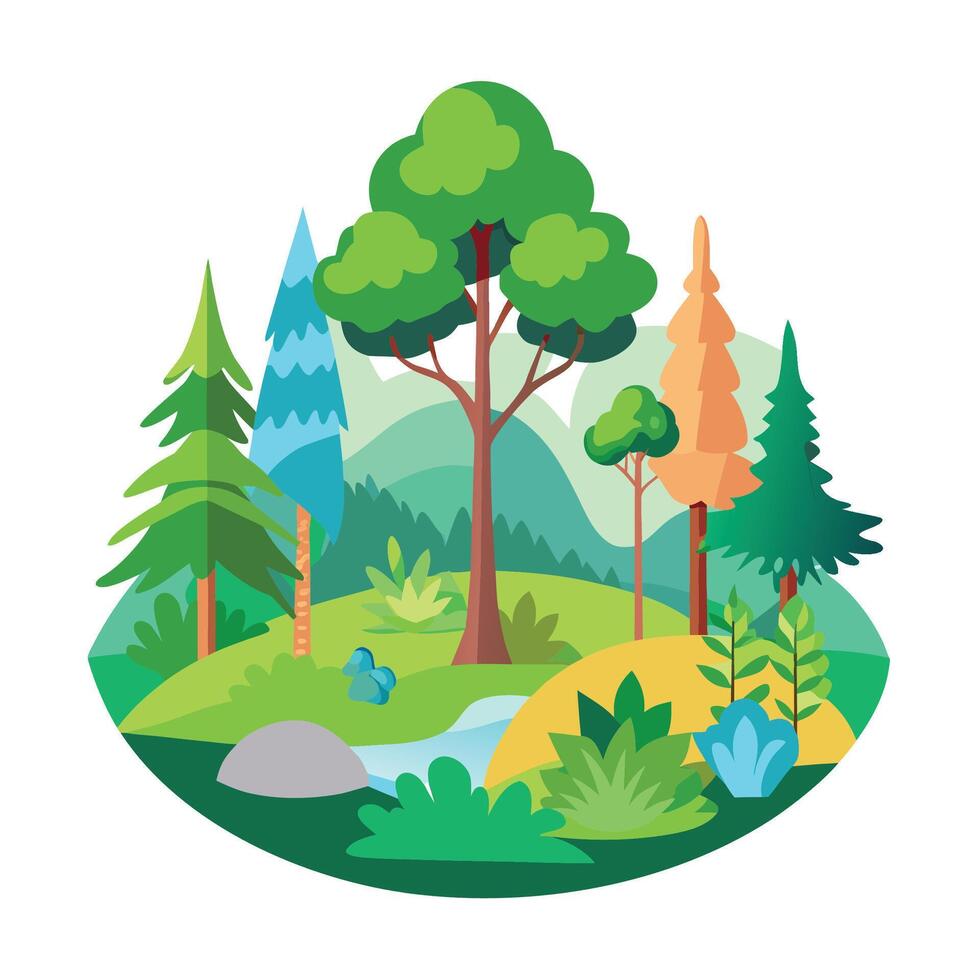 A cartoon depiction of an idyllic forest landscape with various trees and greenery vector