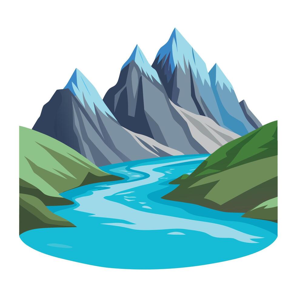 Stylized mountain landscape illustration with river flowing between hills and mountains vector