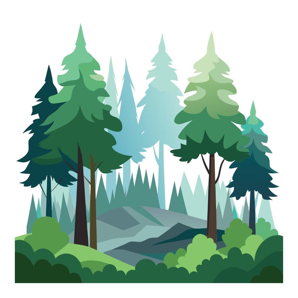 Stylized evergreen forest illustration with hills and bright colors on white background vector