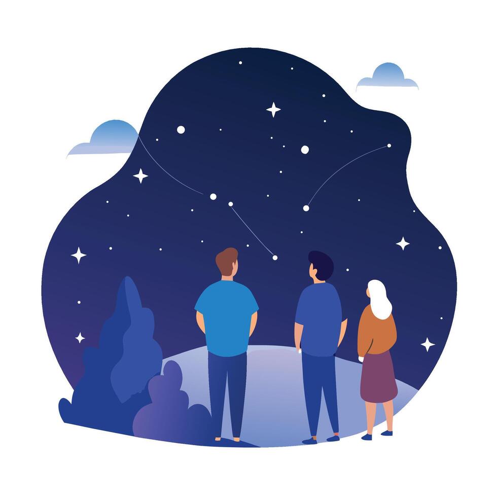 Group of friends stargazing at night, looking up at constellations illustration vector
