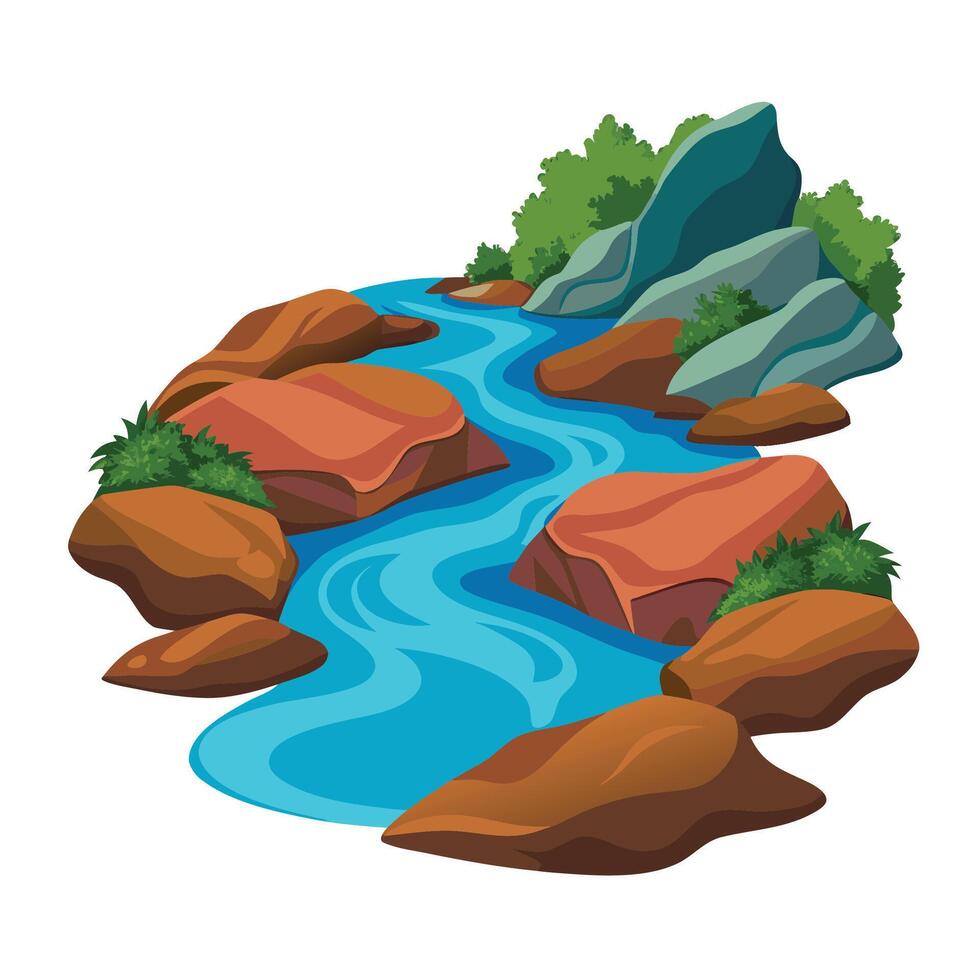 Serene river flowing through a rocky landscape illustration in cartoon style. vector