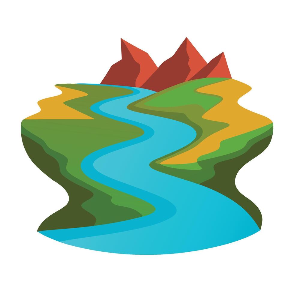 Scenic flat design landscape illustration with river flowing through hills and mountains vector