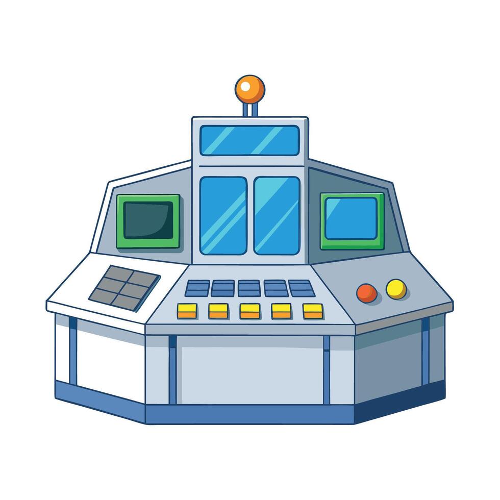 Cartoon control panel illustration with buttons, screens, and a central monitor unit. vector