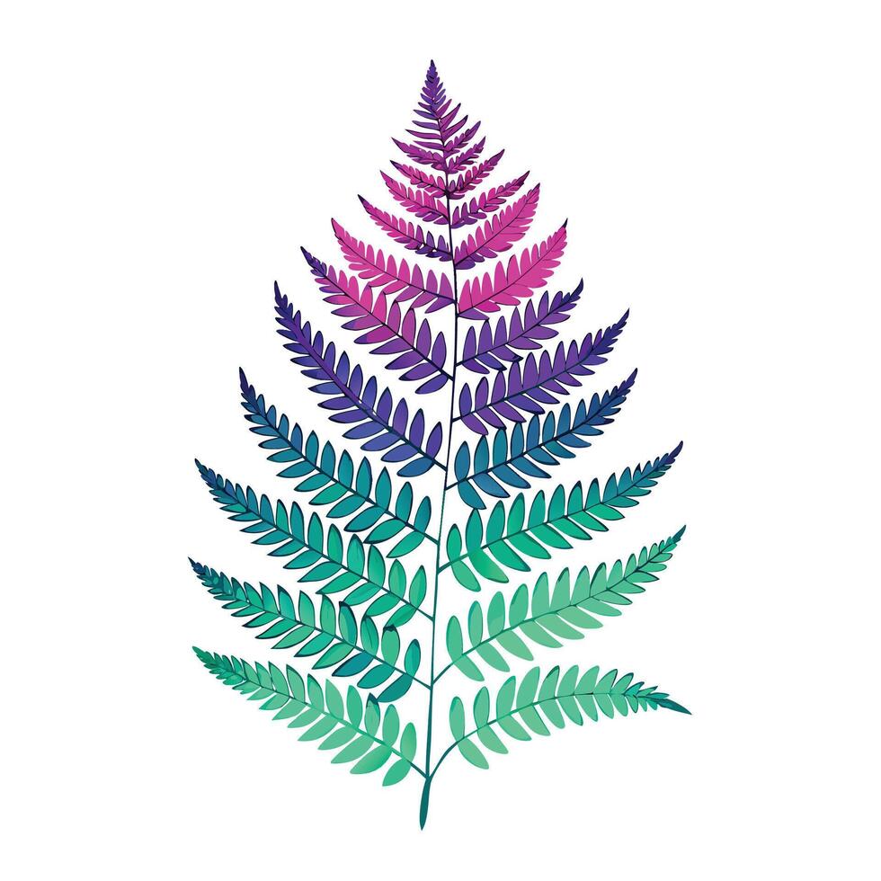 Isolated fern frond with colorful gradient on white background, graphic botanical illustration vector