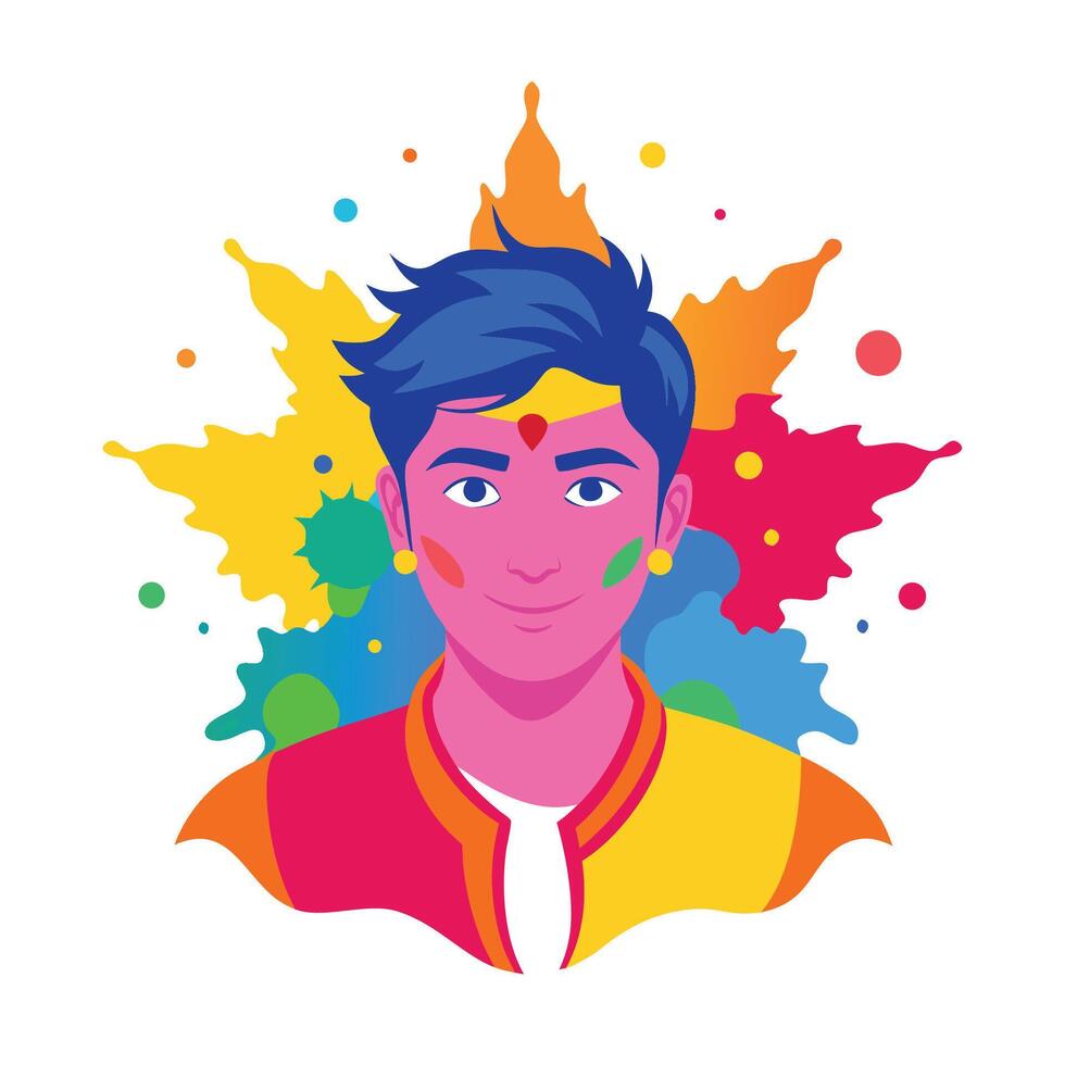 Vibrant flat illustration of a young man celebrating Holi festival with colorful background vector