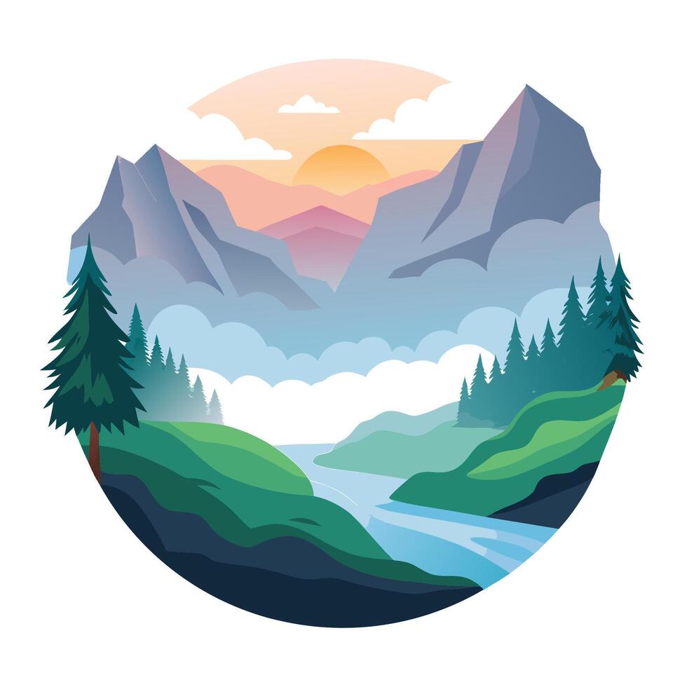 Mountain landscape with river in a circular frame and warm sunrise colors vector