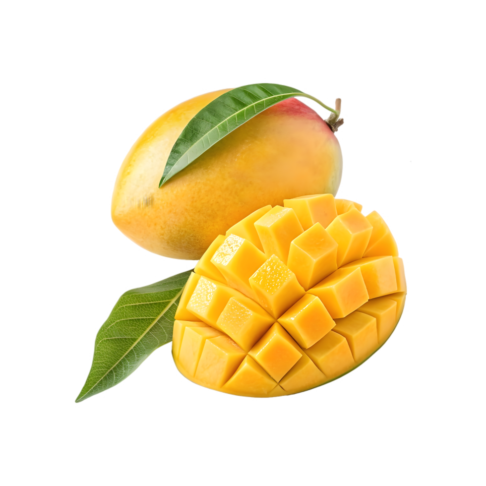 A yellow ripe mango with green leaves isolated on transparent background png