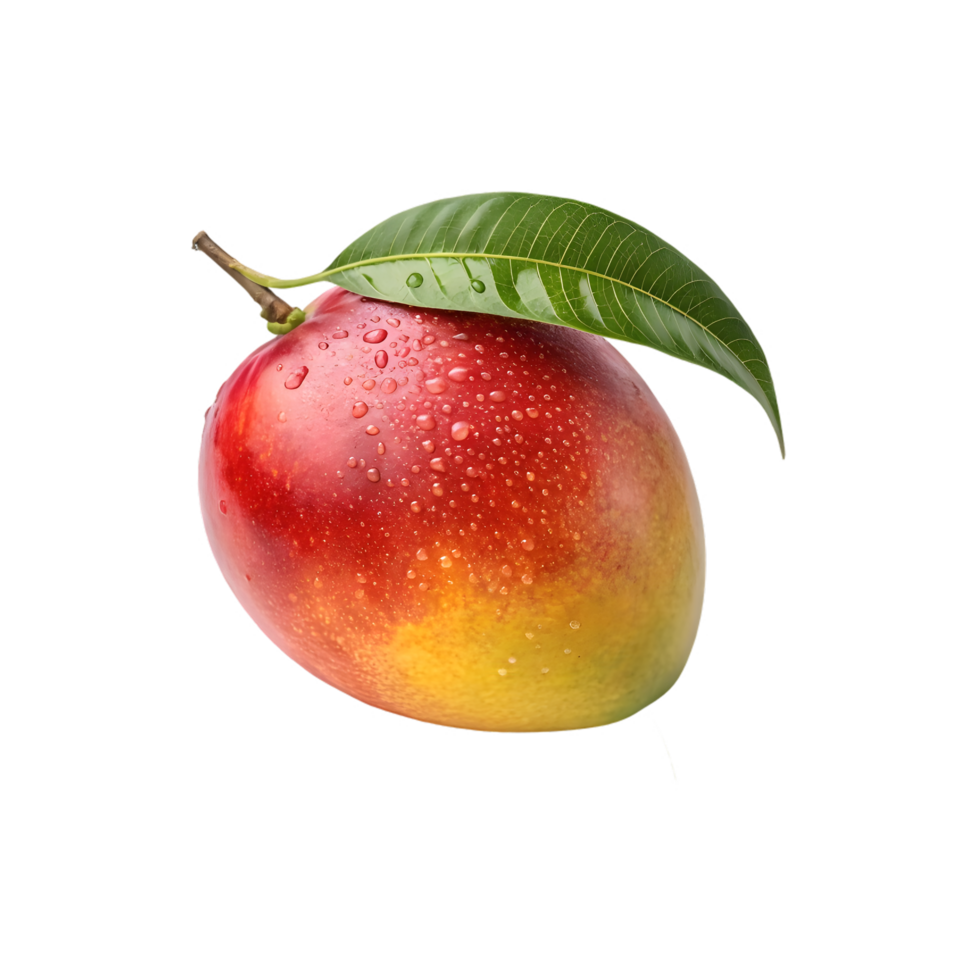 A yellow and red ripe mango with green leaf isolated on transparent background png