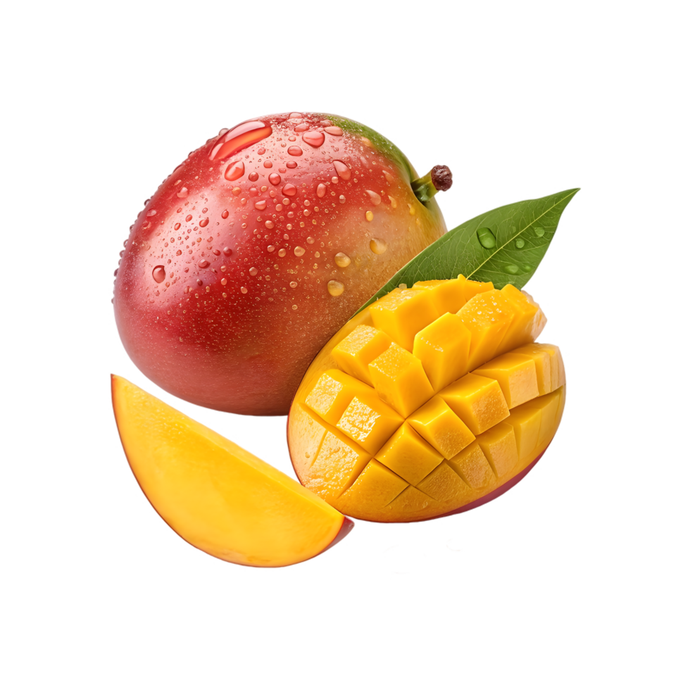 A whole and half cut ripe yellow mango isolated on transparent background png