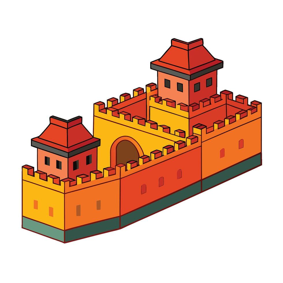 Isometric illustration of the Great Wall of China with towers and battlements vector