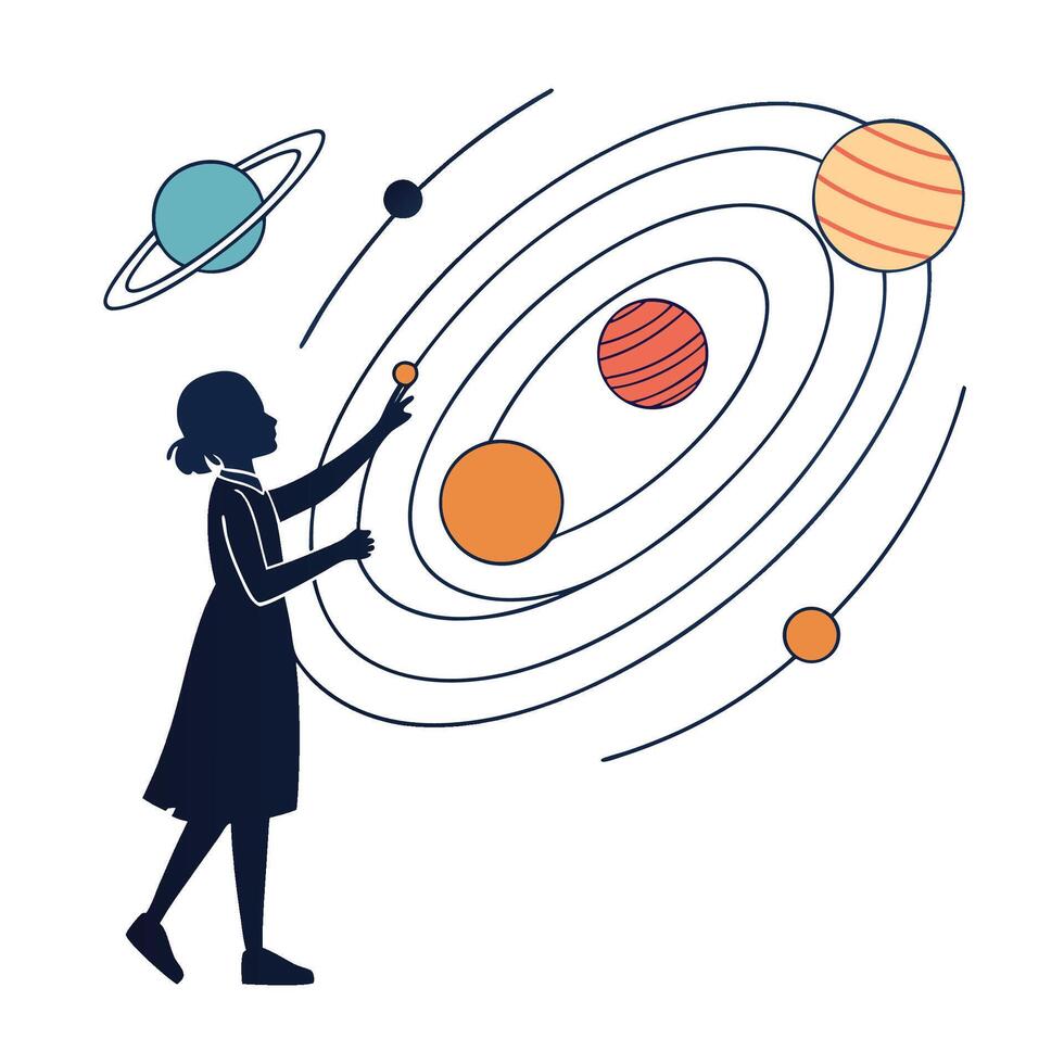 Illustration of a girl interacting with a stylized solar system model vector