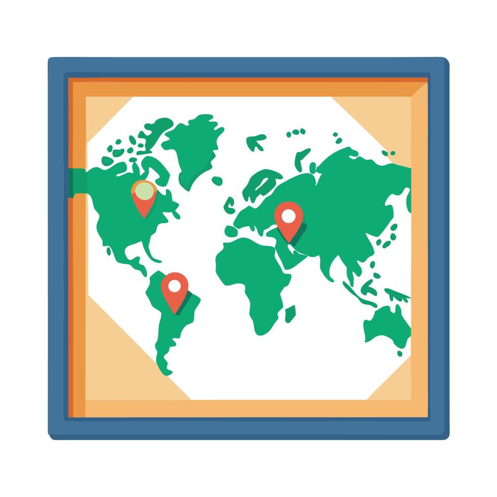 Framed world map illustration with location markers, showcasing global reach and connections vector