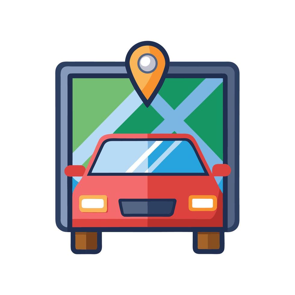 Flat Illustration Red Car Navigating with GPS on Digital Map vector