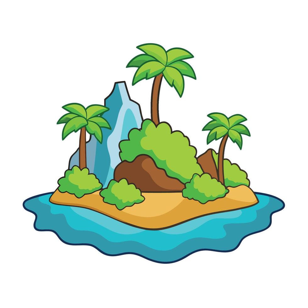 Cartoon Tropical Island with Palm Trees, Mountain, and Blue Water Illustration vector