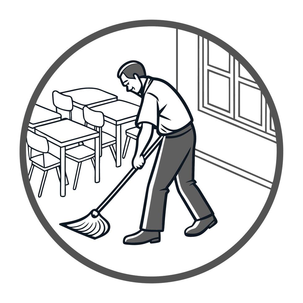 Man mopping floor in empty classroom with desks chairs and a window vector