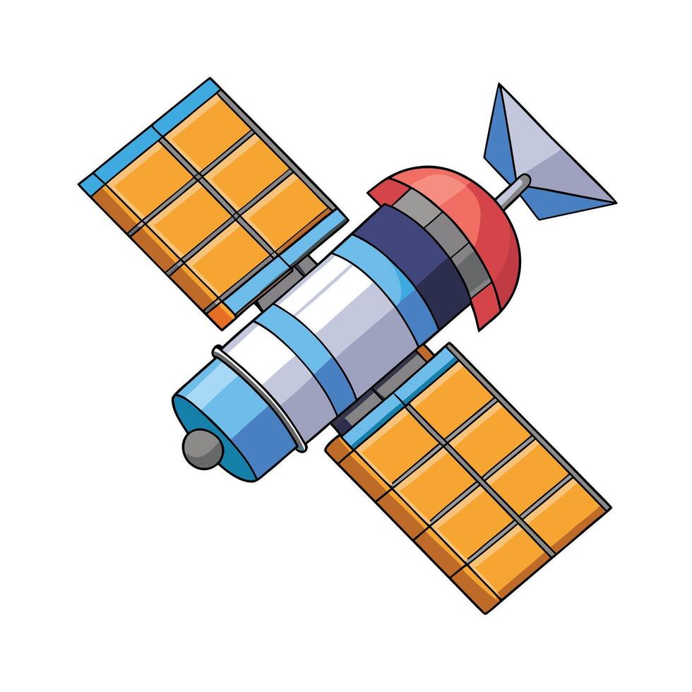 Cartoon satellite illustration in blue white red and orange isolated on white background vector