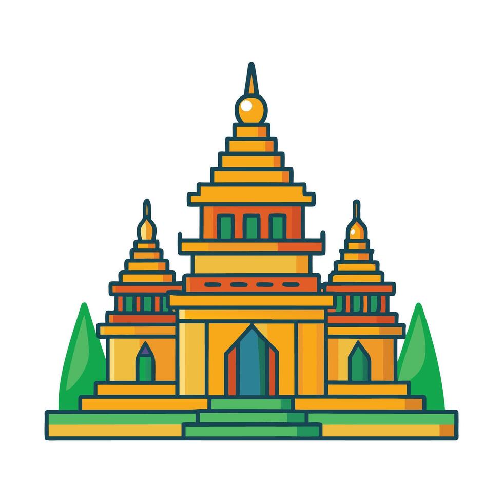 Colorful cartoon illustration of an Asian-style temple with trees in the background vector