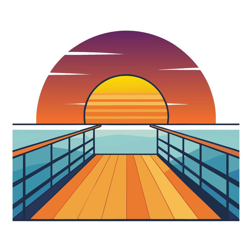 Sunset over ocean pier illustration evoking summer holiday and vacation vibes vector