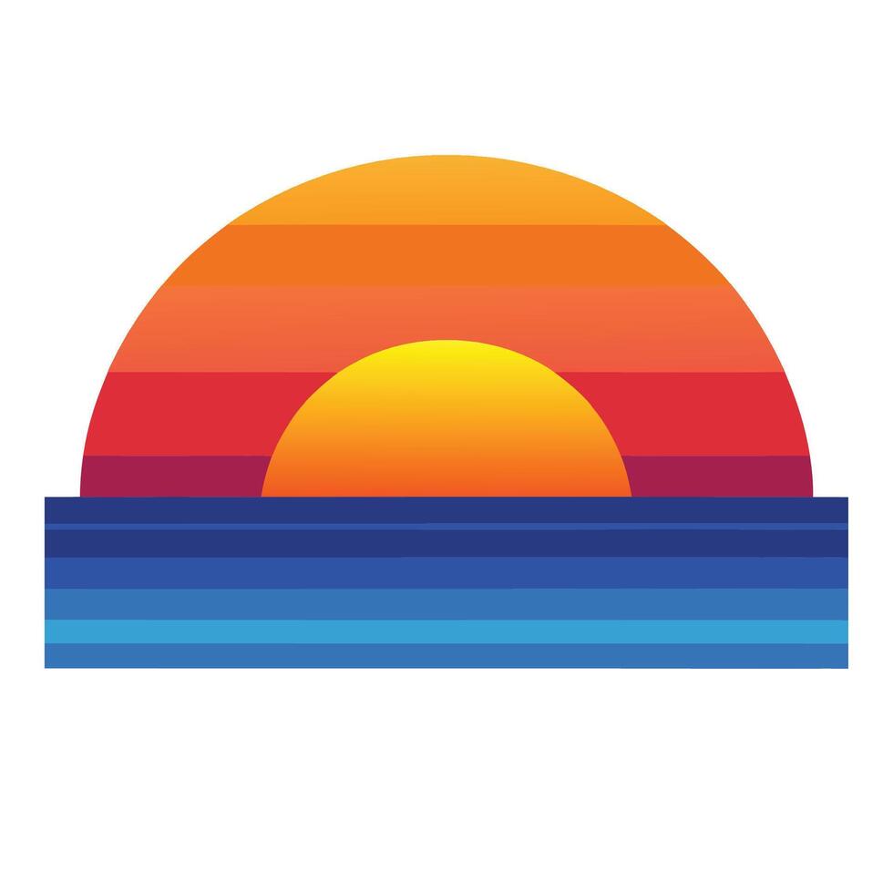 Graphic sunset over the ocean with vibrant colors and horizontal striped pattern. vector