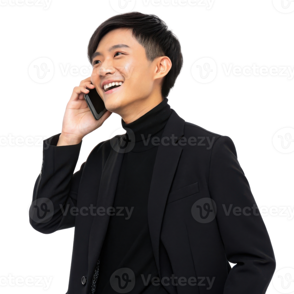 Business professional engages in cheerful conversation on phone, showcasing positive attitude and connection with people png
