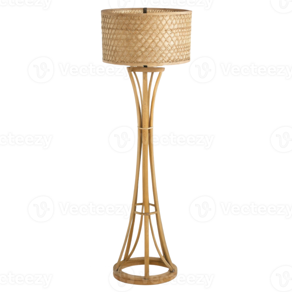 Stylish floor lamp made of natural materials features woven shade and sleek design, perfect for enhancing any living space ambiance png