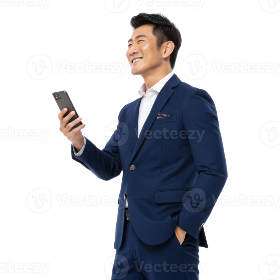 Confident business person smiles while using smartphone, showcasing modern professional look. This captures essence of success and communication png
