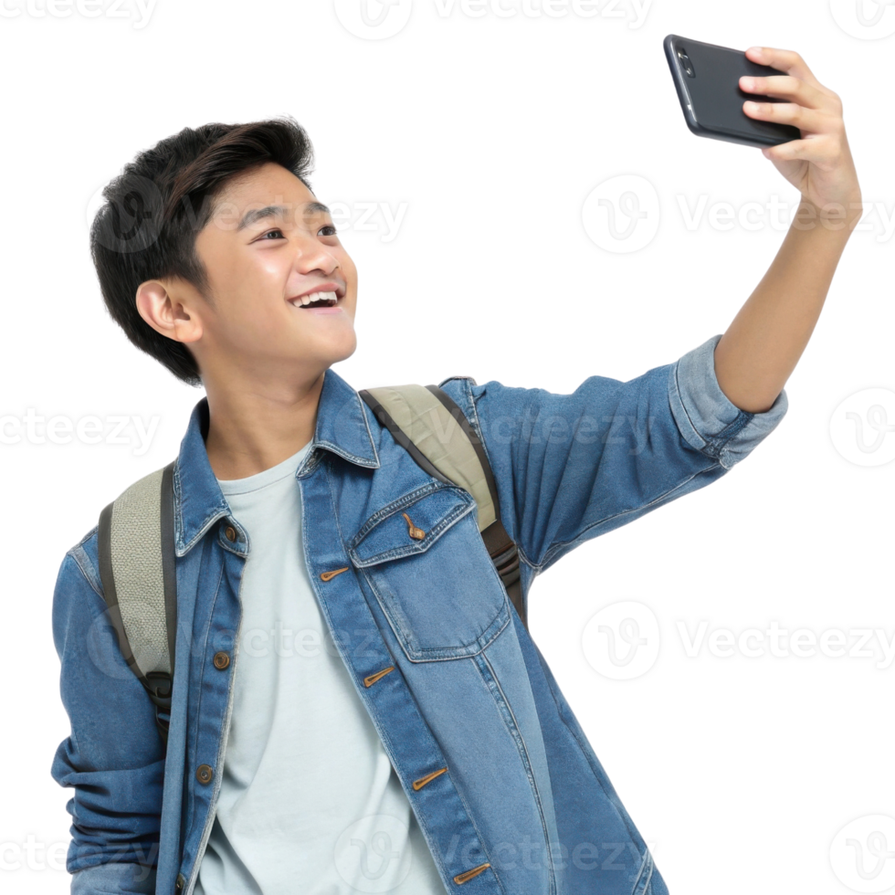 Teen boy taking selfie with smartphone, smiling, wearing denim jacket and backpack, cheerful expression, modern lifestyle, technology use png