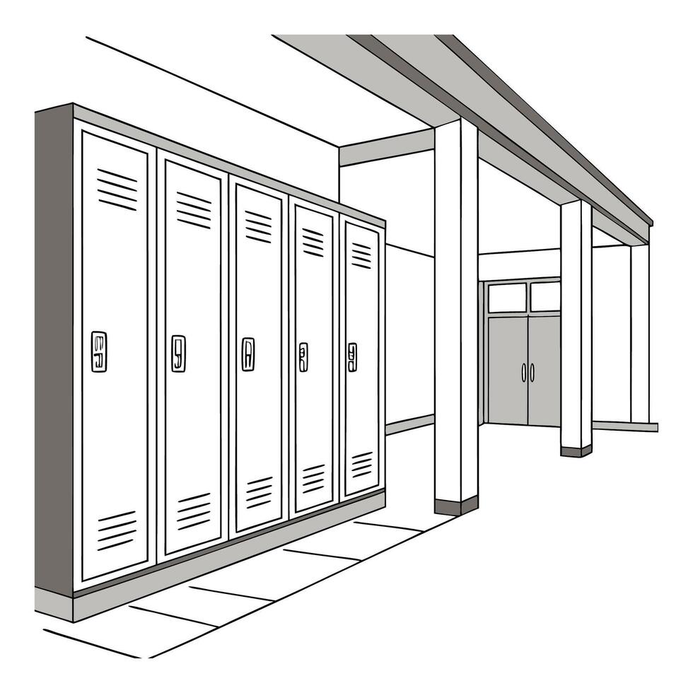 School hallway with lockers perspective view illustration in white and grey tones vector