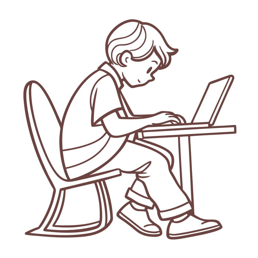 Cartoon illustration of a young man working on a laptop computer vector