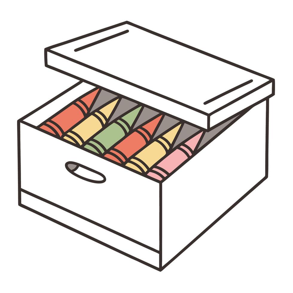 Box of colorful crayons with lid slightly open displayed at an angle vector