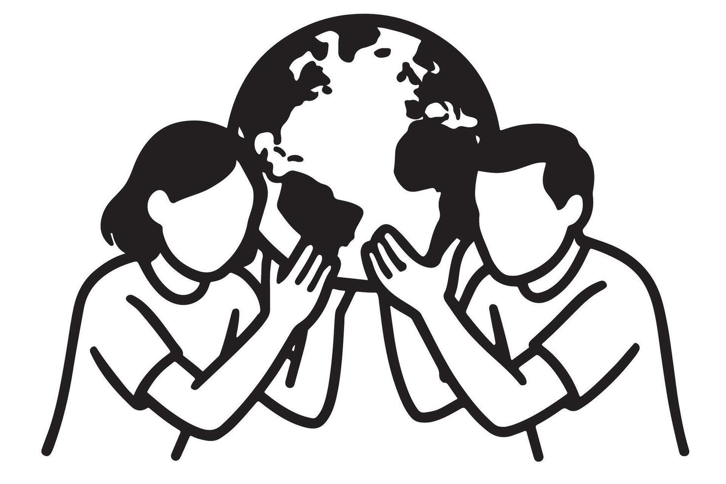 Two people holding hands with a globe in the middle vector