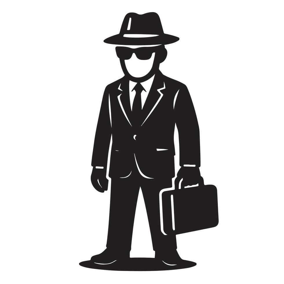 A black and white silhouette of a man in a suit and hat vector