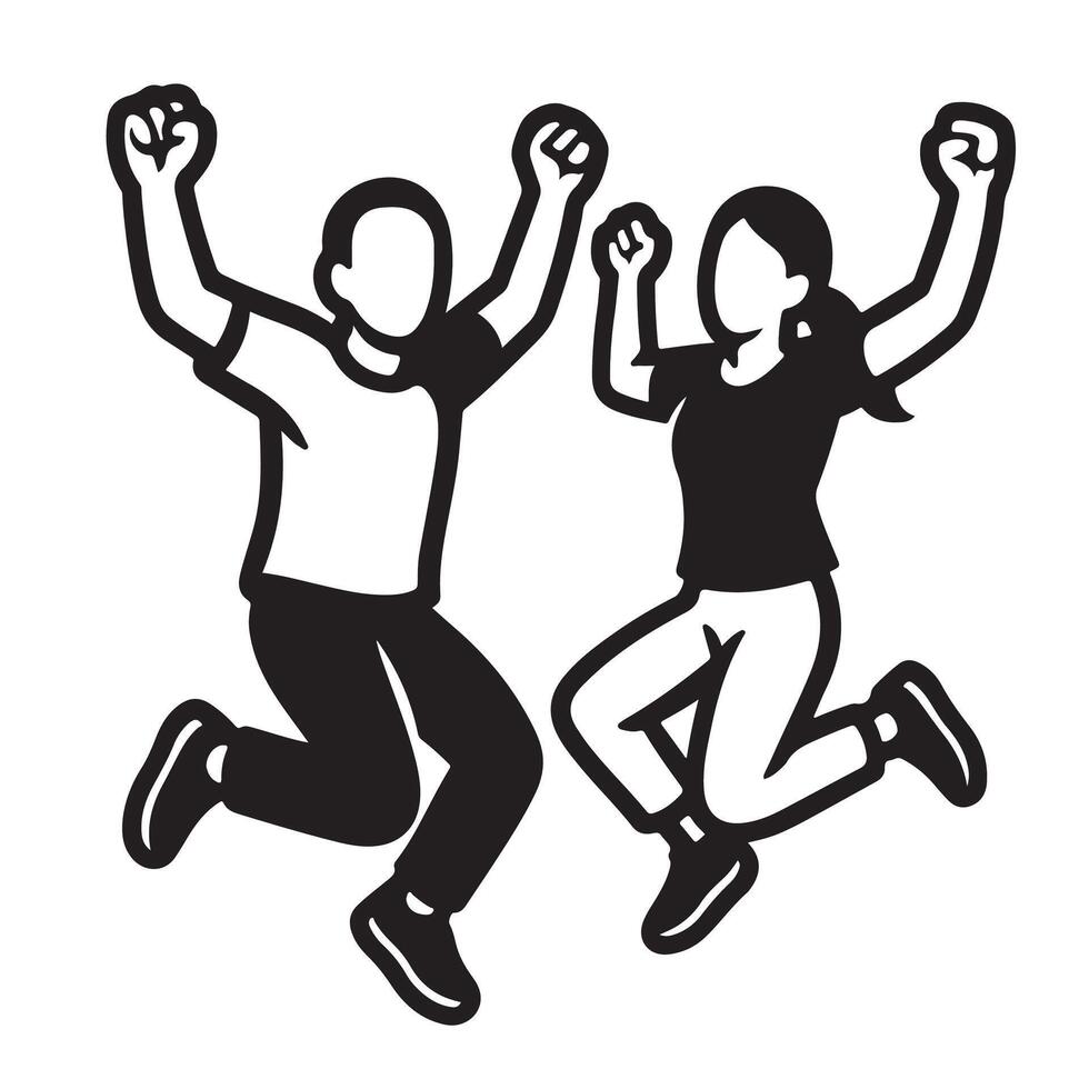 Two people jumping in the air with arms up vector