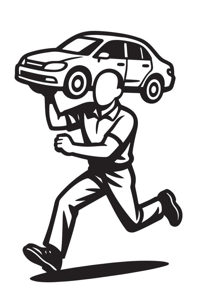 Car mechanic running with car on his back vector
