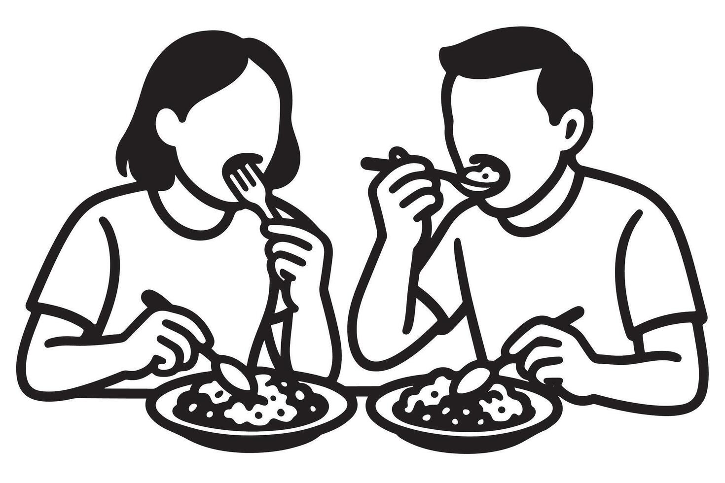 A black and white illustration of two people eating food vector