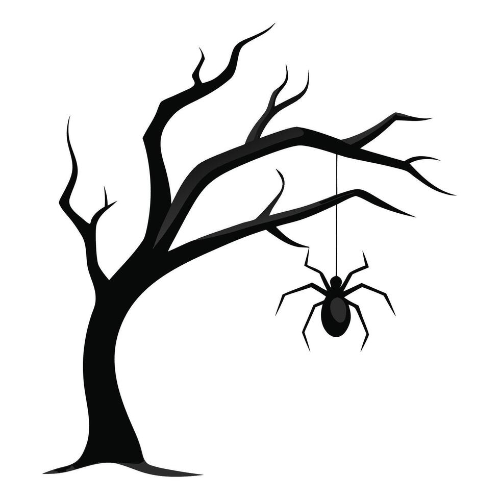 A black and white illustration of a spider hanging from a tree vector