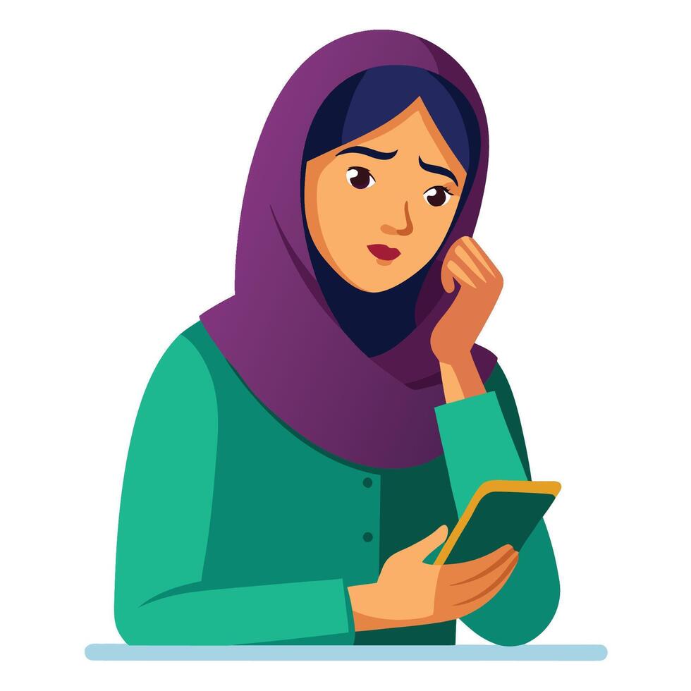 A woman in a hijab is looking at her phone vector