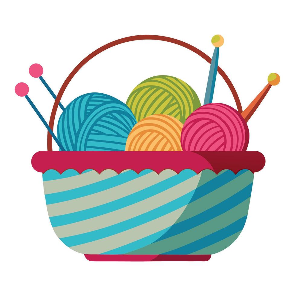 Colorful basket with knitting needles and yarn vector